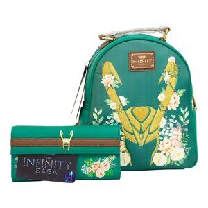 Loungefly The Infinity Saga: Green Loki Floral Backpack & Wallet